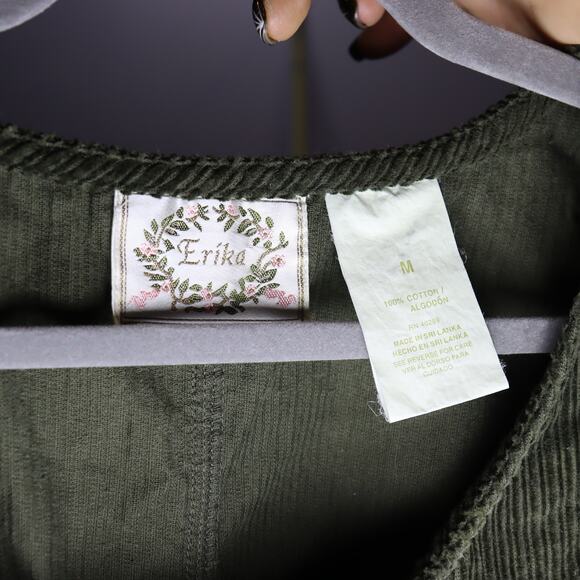 Erika Olive Corduroy Button Front Jumper Dress Pockets Size M - Picture 4 of 4